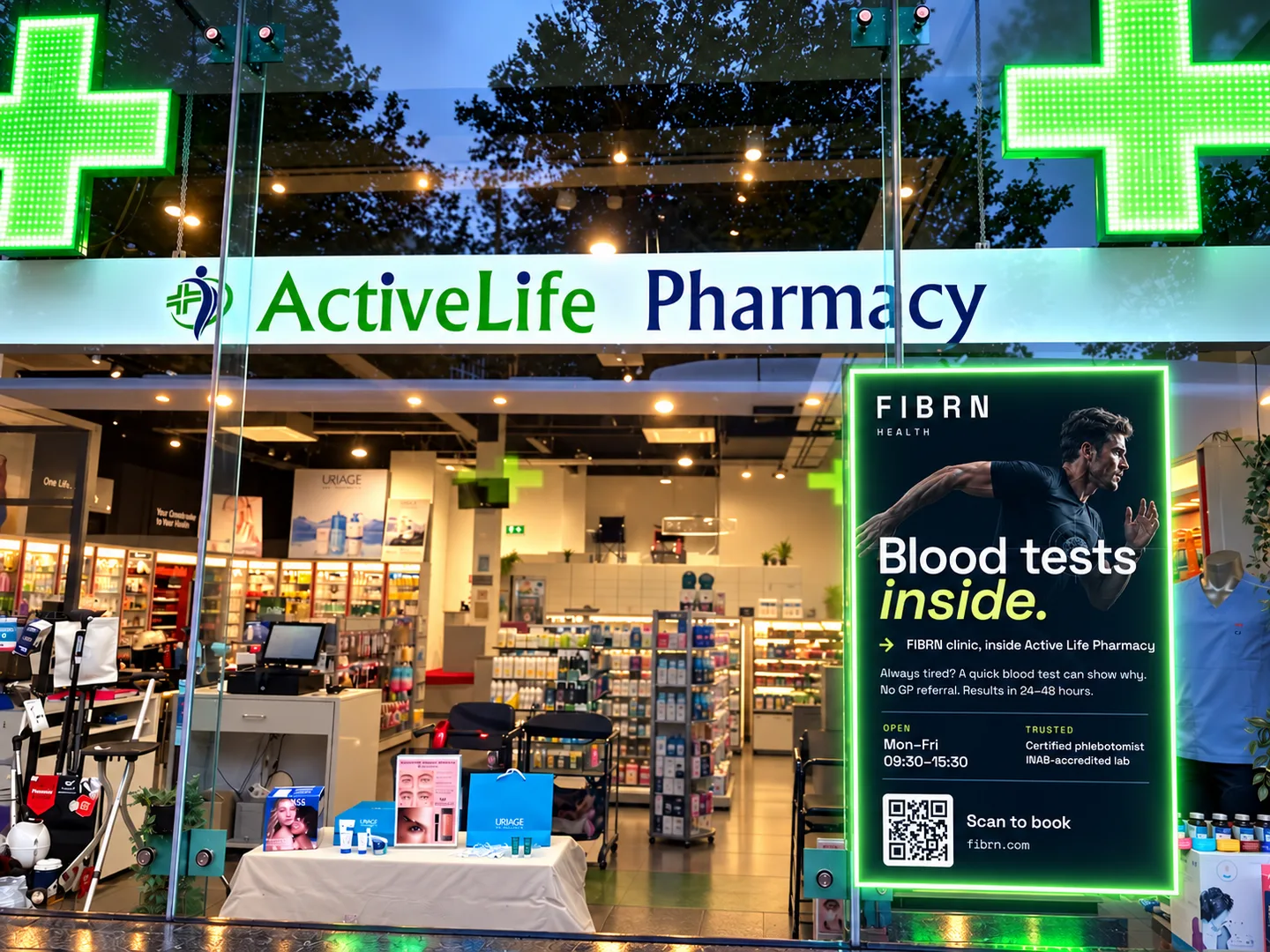 FIBRN clinic poster in the window of Active Life Pharmacy, Eden Quay, Dublin