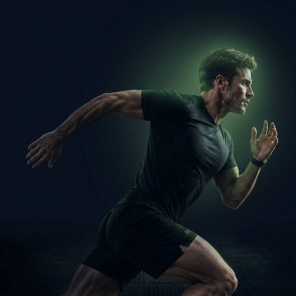 Runner in motion with a soft green light around his head and front side